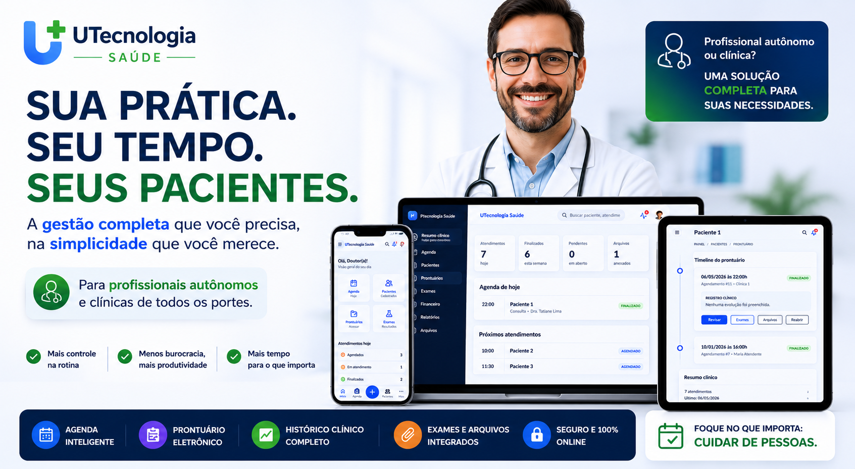 Tela de agenda e atendimento do sistema para clínicas UTecnologia Saúde